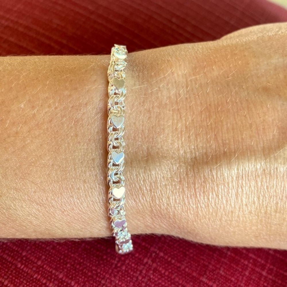 5mm Sterling Silver Fancy Heart Bracelet 7” inches double link chain bracelet